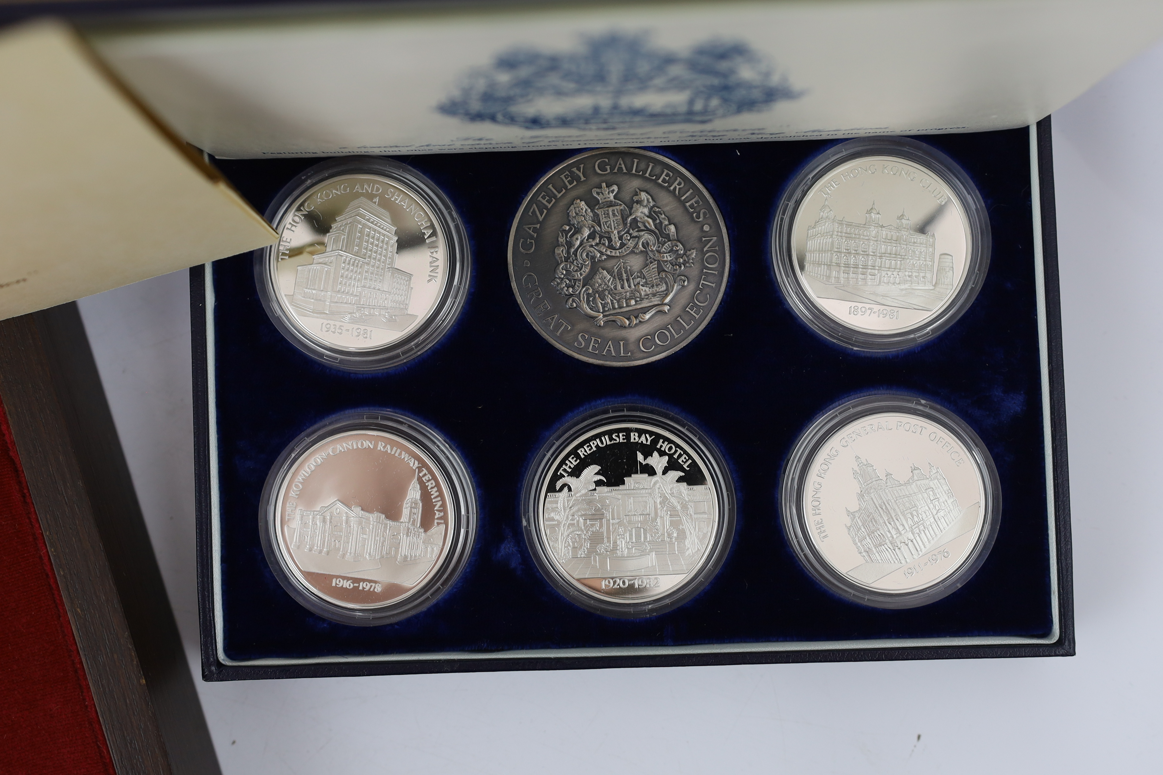 Hong Kong medals, the Gold Seal collection of six silver-gilt medals, and the Great Seal collection of five proof silver medals, produced by Gazeley Galleries
